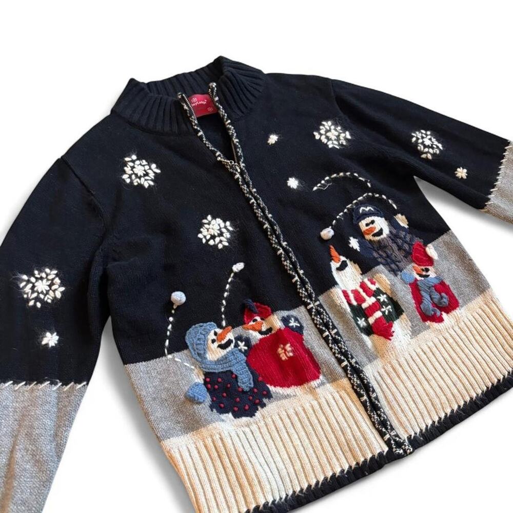 True Vintage Fitted Black Snowman Zip Sweater – Christmas Grandmacore M